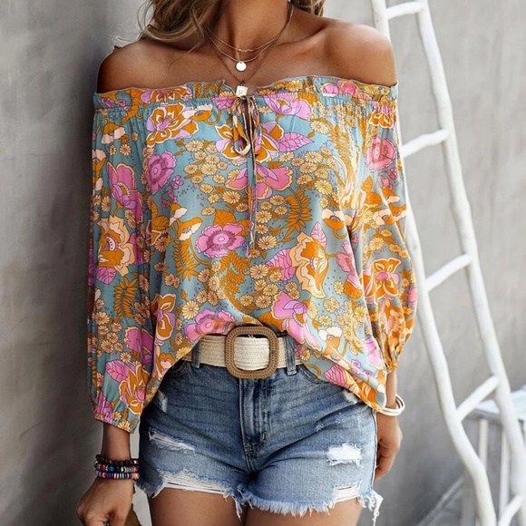 032 Boho Orange Floral Print Off Shoulder Blouse - Picture 5 of 7